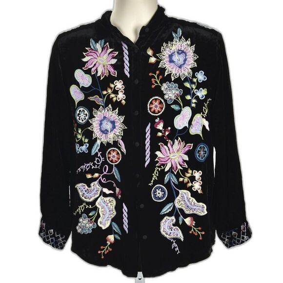 Johnny Was Tops - JOHNNY WAS  Black Velvet Button Down Embroidered Shirt Size XS